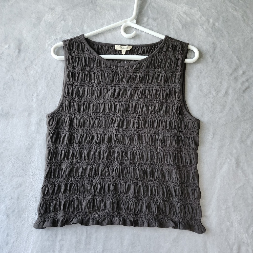 Madewell Top Womens Size Large Linen Cotton Smocked Ruffle Hem Charcoal Gray
